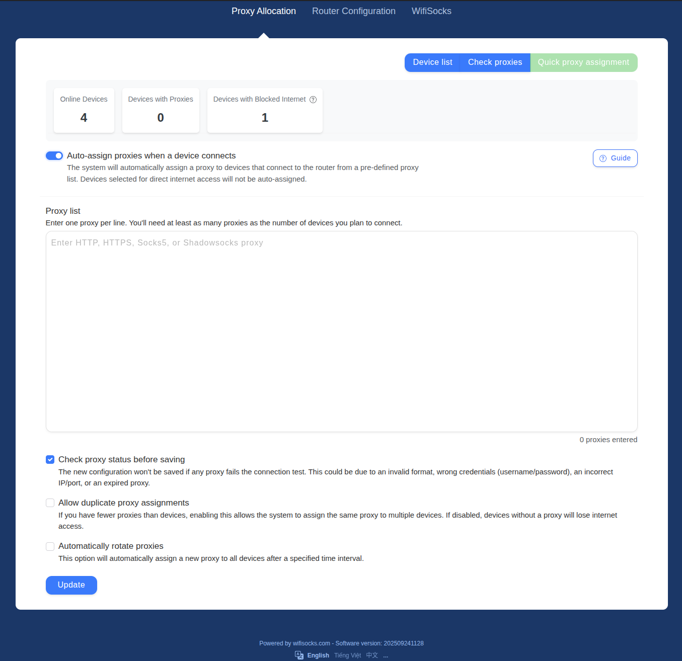 Automatic Proxy Assignment Screen wifisocks allocate proxy auto