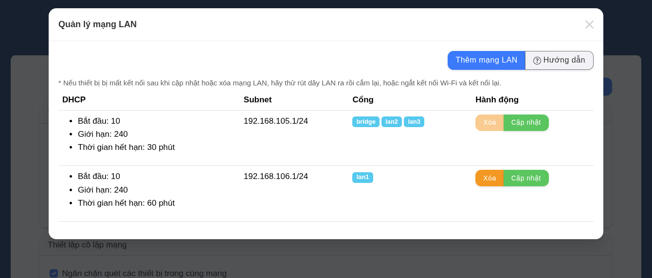 Giao diện danh sách mạng LAN trên Router WifiSocks Danh sách mạng LAN trên WifiSocks