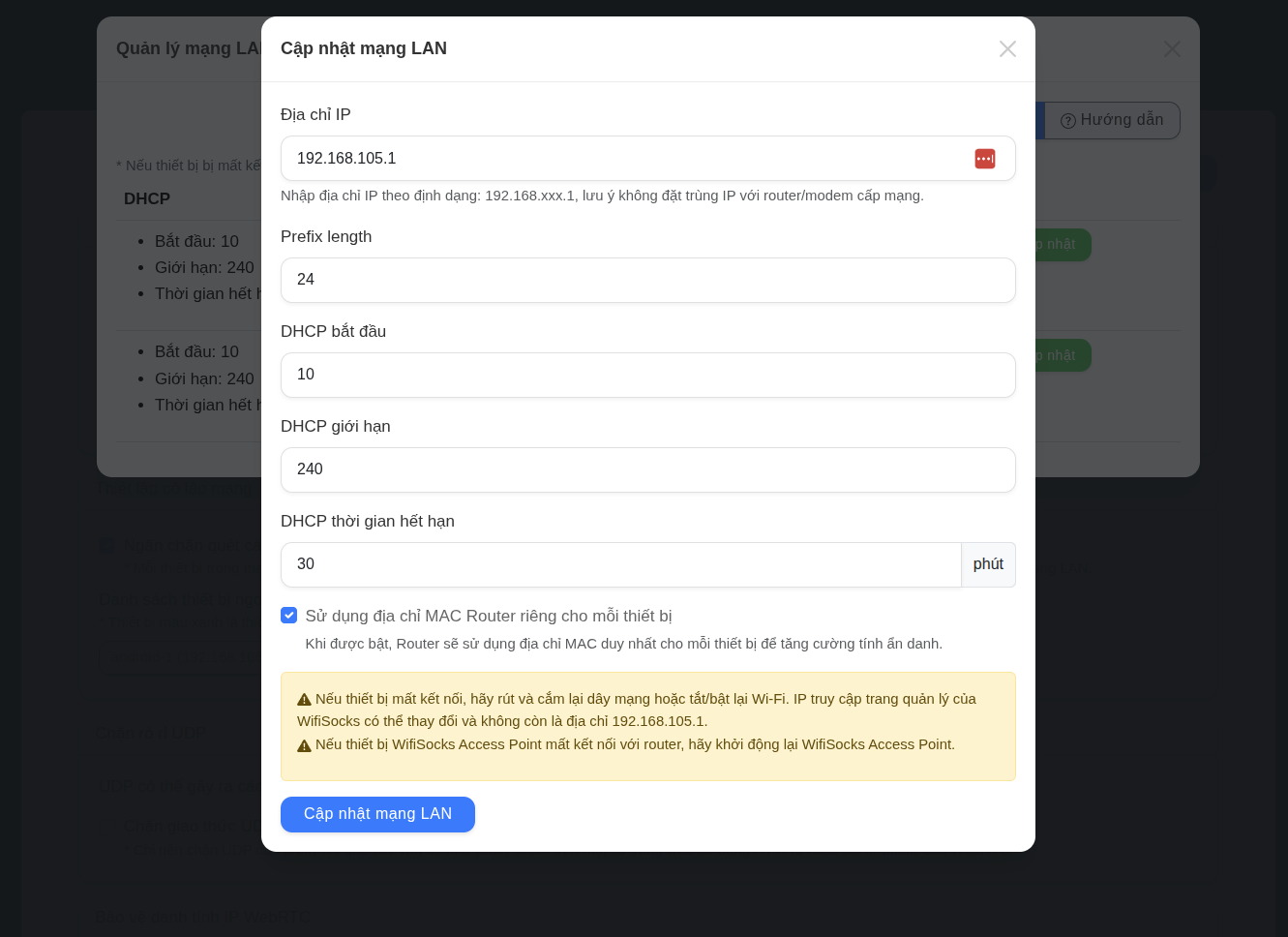 Giao diện đổi IP và cập nhật LAN WifiSocks Cập nhật cấu hình LAN và đổi IP trên WifiSocks